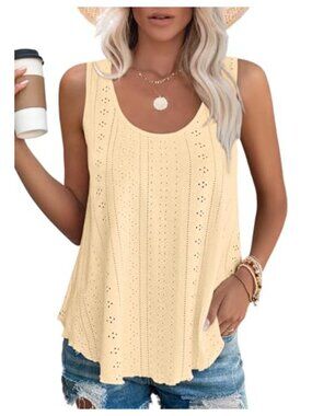 Eyelet Embroidery Scoop Neck Loose Fit Sleeveless Tank Top Summer Shirt